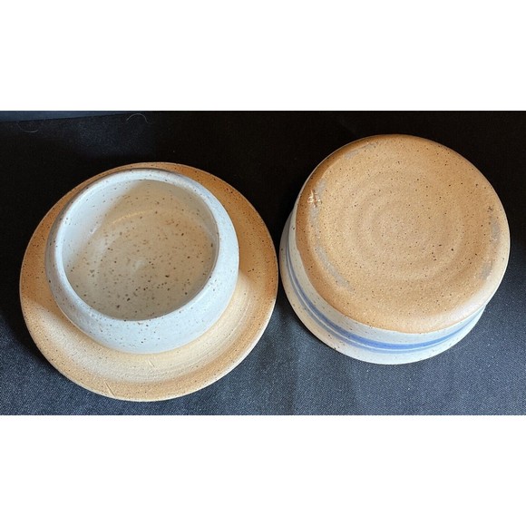 Blue stripe stoneware crock with lid with sail boat  6” X 2.5” - Picture 7 of 11